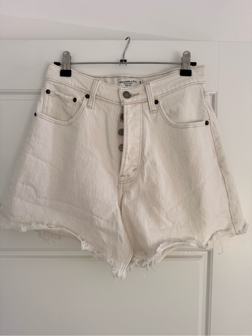 Abercrombie & Fitch White High-Rise Button-Fly Frayed Denim Shorts